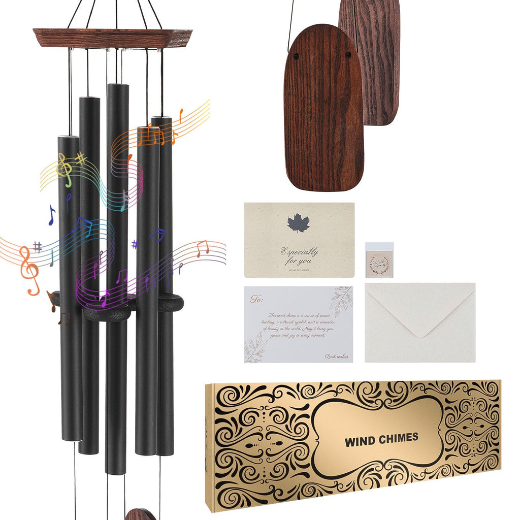 Wind Chimes for Outside, 48 in, Deep Tone Wind Chimes with 5 Tubes, Unique Large Memorial Wind Chimes for Anniversary, Amazing Outdoor Decor for Your Patio, Porch, Garden and Backyard, Black