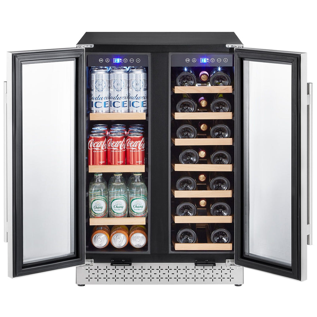 Wine and Beverage Refrigerator, 24 in Dual Zone Wine Cooler, Built-in & Freestanding Fridge with Glass Doors, Adjustable Shelves, Digital Temperature Control, 64 Cans and 20 Bottles Capacity