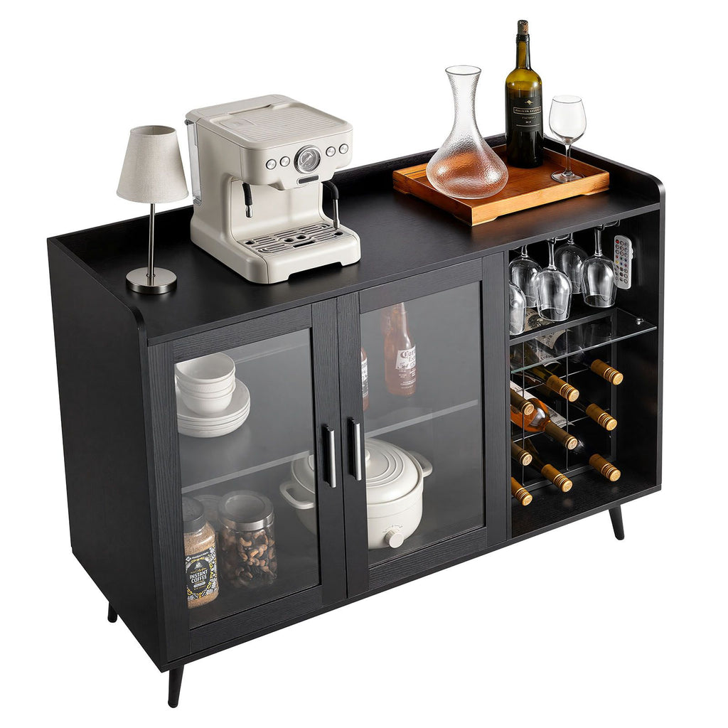 Wine Cabinet, Coffee Bar Cabinet with 9 Wine Bottle Racks, Modern Buffet Sideboard with Glass Holder, Adjustable LED Brightness, for Home Kitchen, Living Room, Dining Room, Black Wood Grain