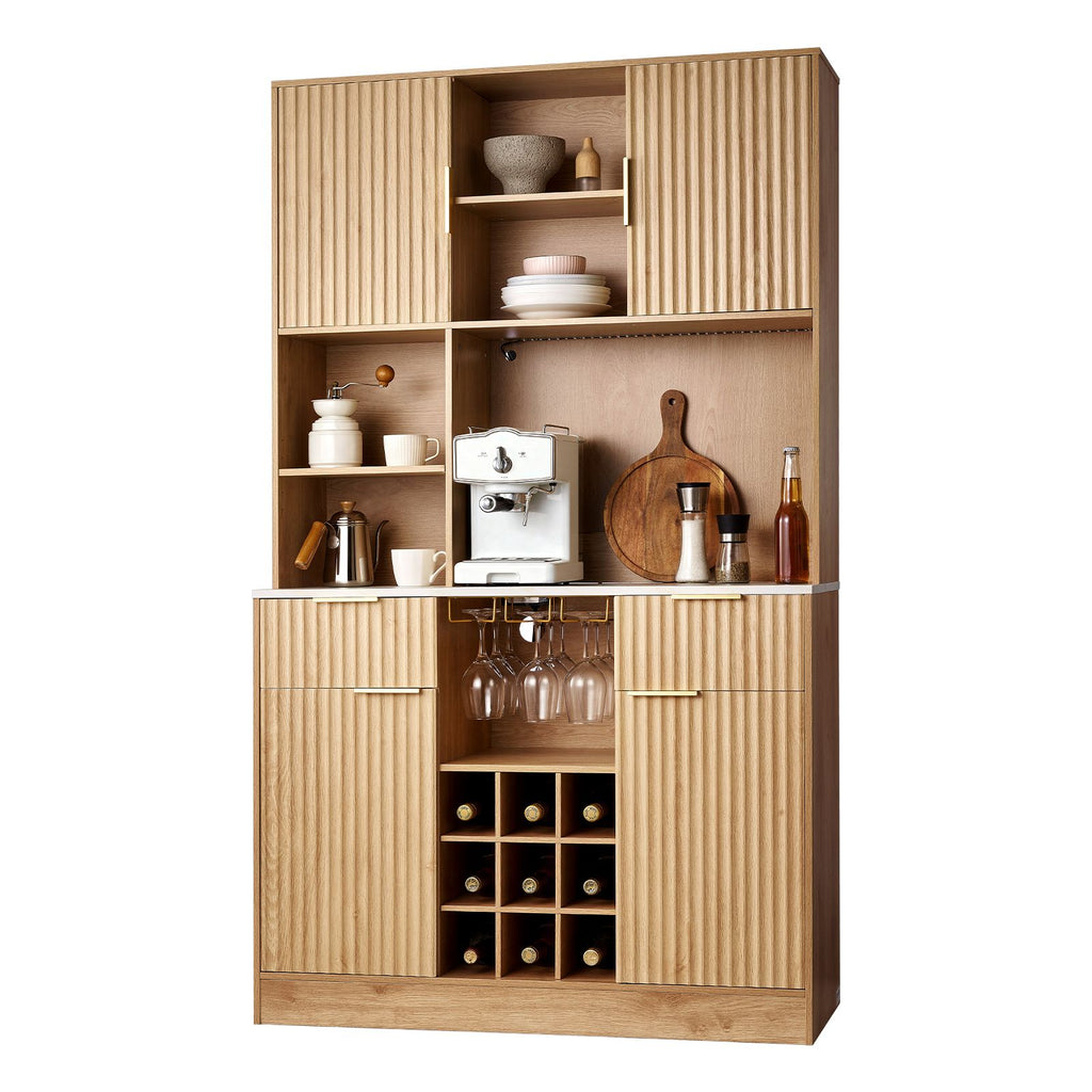 Wine Cabinet, Coffee Bar Cabinet with 9 Wine Bottle Racks, Modern Buffet Sideboard with Glass Holder, LED Light, Charging Station, for Home Kitchen, Living Room, Dining Room, Natural Wood Finish