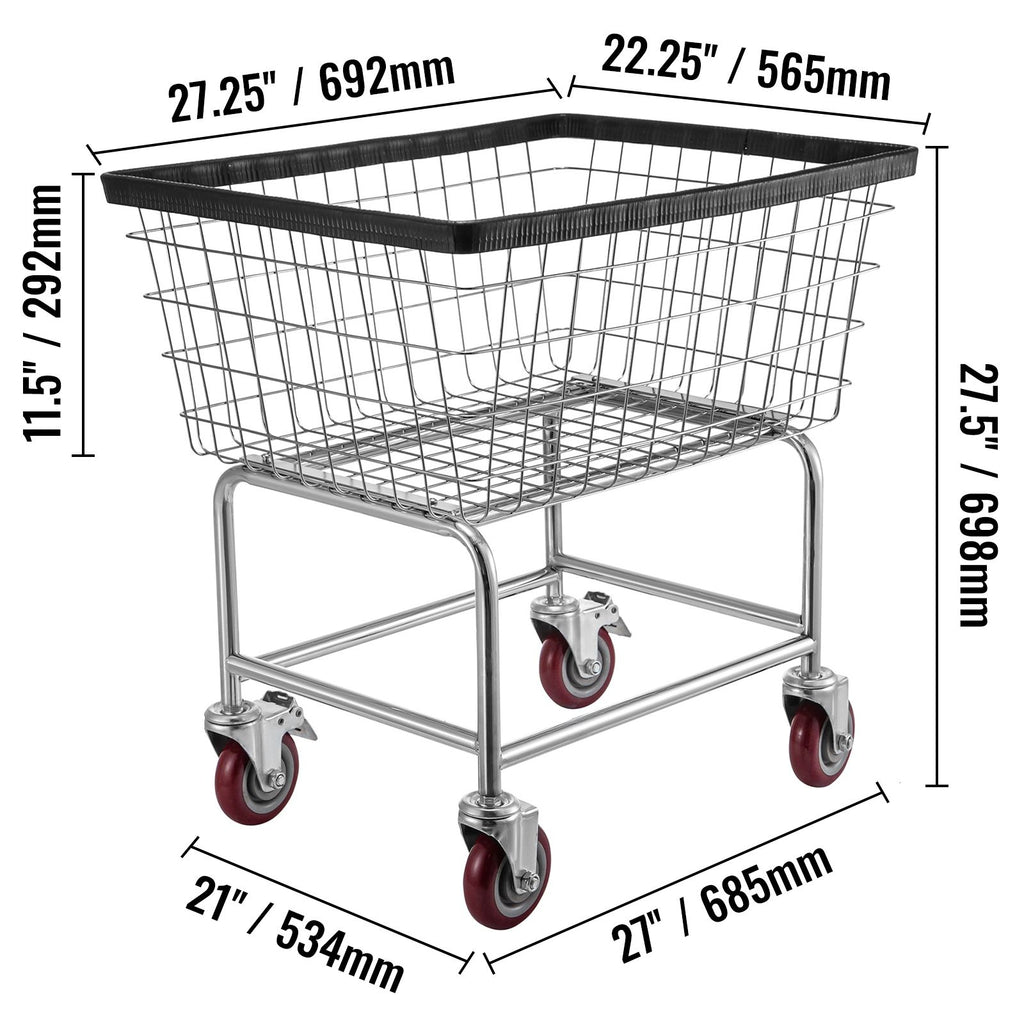 Wire Laundry Cart, 2.8Bushel Wire Laundry Basket with Wheels, 26.7''x21.7''x26.4'' Commercial Wire Laundry Basket Cart, Steel Frame with Chrome Finish, 4" Casters, Wire Basket Cart for Laundry