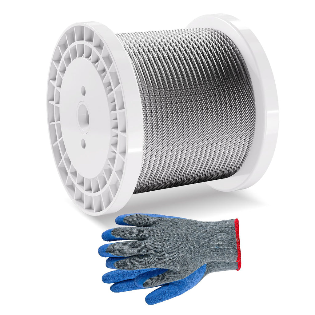 Wire Rope, 1/4" 250 ft Zinc Galvanized Carbon Steel Cable with Gloves, 7000 lbs Breaking Strength, 7 x 19 Strands Construction Marine Aircraft Grade for Handrail Stair Decking Fence Outdoors