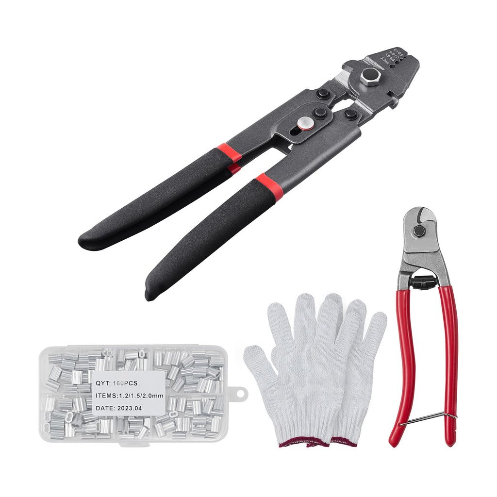 Wire Rope Crimping Tool and Cutter Up To 2.2mm Wire Cable Crimps, 1/64" - 3/32" Crimping Loop Sleeve Kit and 160pcs Aluminum Buckles, Fishing Crimping Tool Wire Rope Thimbles Kit