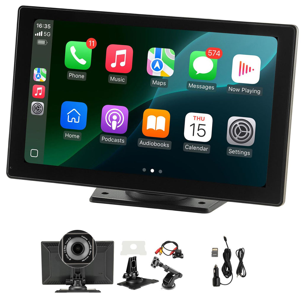 Wireless Car Stereo, 9-Inch HD Portable Radio Touch Screen with Apple CarPlay and Android Auto, CarPlay Screen with Front & Backup Cameras, Voice Control, Mirror Link, Bluetooth, GPS Navigation