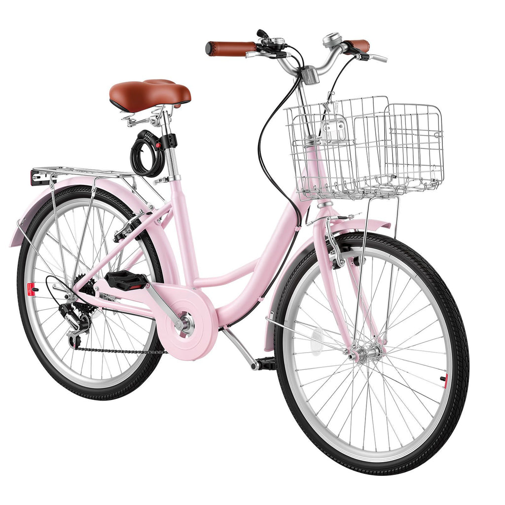 Women Bike, 24 in Beach Cruiser Bike, 7-Speed Adult City Bicycle with Carbon Steel Frame, 330 lbs Capacity, Basket, Rear Rack & Dual V-Brakes, Pink