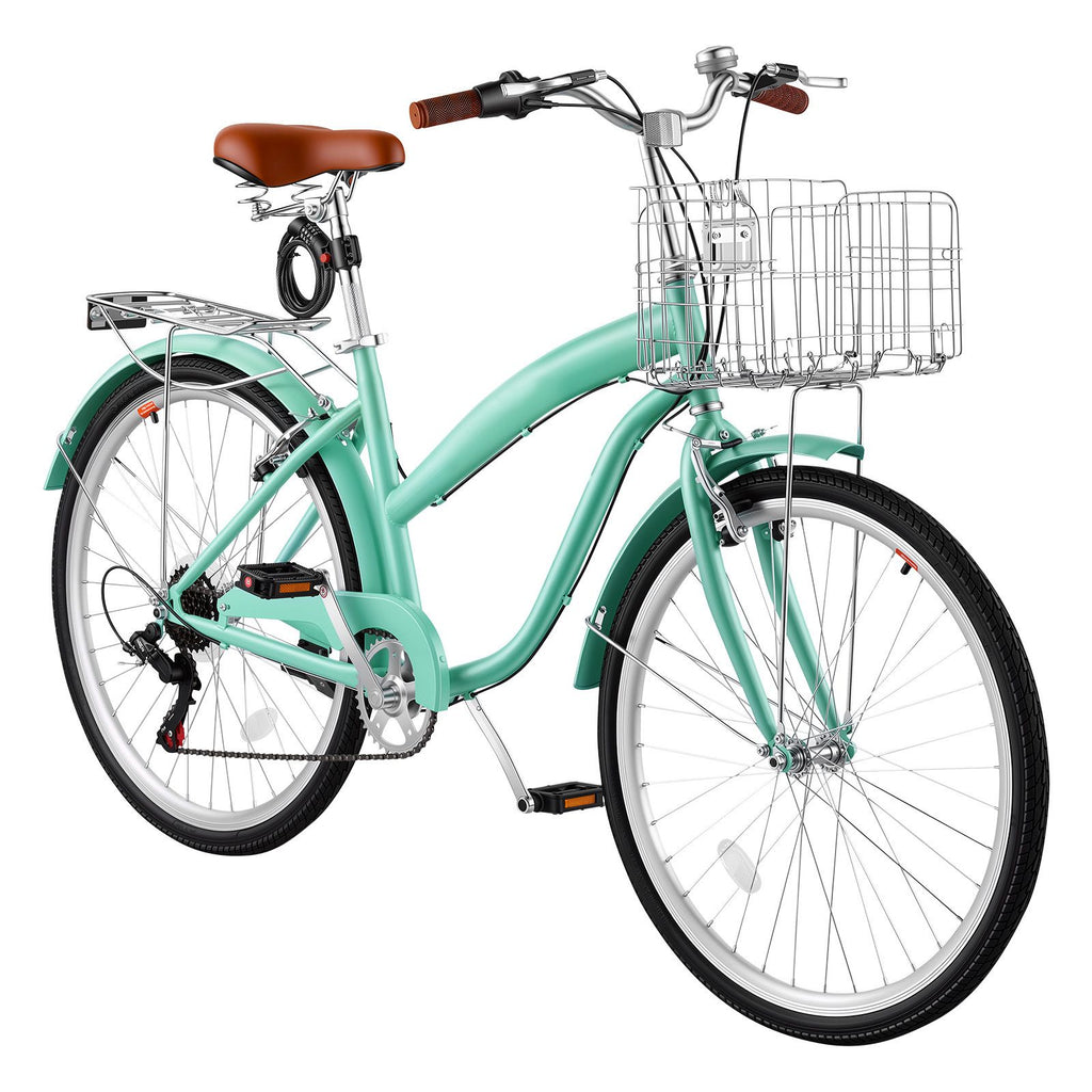 Women Bike, 26 in Beach Cruiser Bike, 7-Speed Adult City Bicycle with Carbon Steel Frame, 330 lbs Capacity, Basket, Rear Rack & Dual V-Brakes, Mint Green