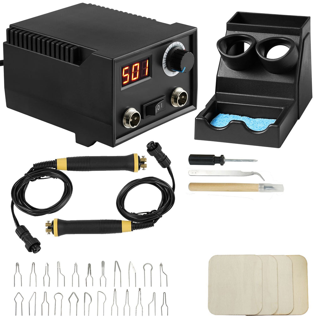 Wood Burning Kit, 200~700 Celsius Adjustable Temperature with Display, Dual Output Port with 2Pyrography Pens, 23Wire Nibs, 4 Wood Chip, 1Pen Holder, 1Screwdriver, 1Knife, 1Tweezers, 1Sponge