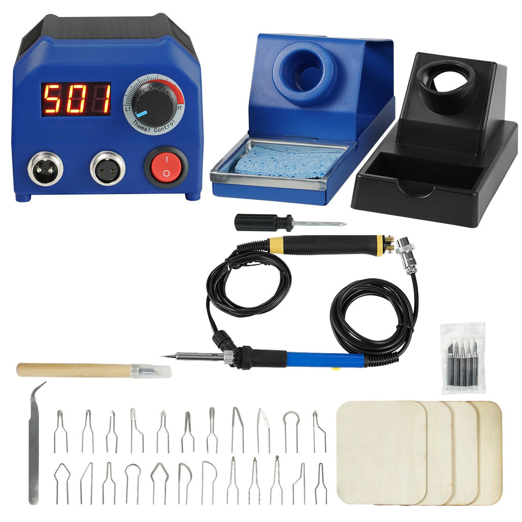 Wood Burning Kit, 250~700 Celsius Adjustable Temperature with Display, Dual Output Port with 2 Pyrography Pens, 23 Wire Nibs, 5 Solid-Point Tips, 2 Pen Holder, 4 Wood Chip, 1 Tweezers, 1 Sponge