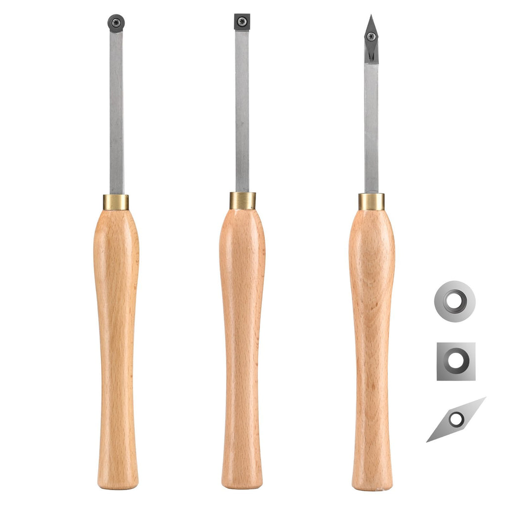 Wood Lathe Chisel Set, 3 PCS Woodworking Turning Tools, Includes Square, Round, Diamond Carbide Blades, 7.87" Comfortable Grip Handles, Wood Chisel Set with Wooden Box For Turning Pens or Small