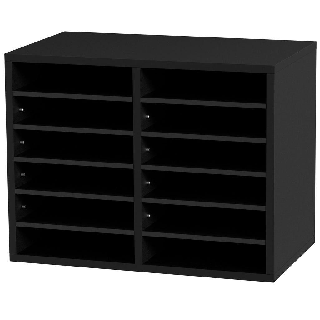 Wood Literature Organizer, 12 Compartments, File Sorter with Removable Shelves, Mailboxes Slot for Office Home Classroom Mailrooms Organization, EPA Certified, Black