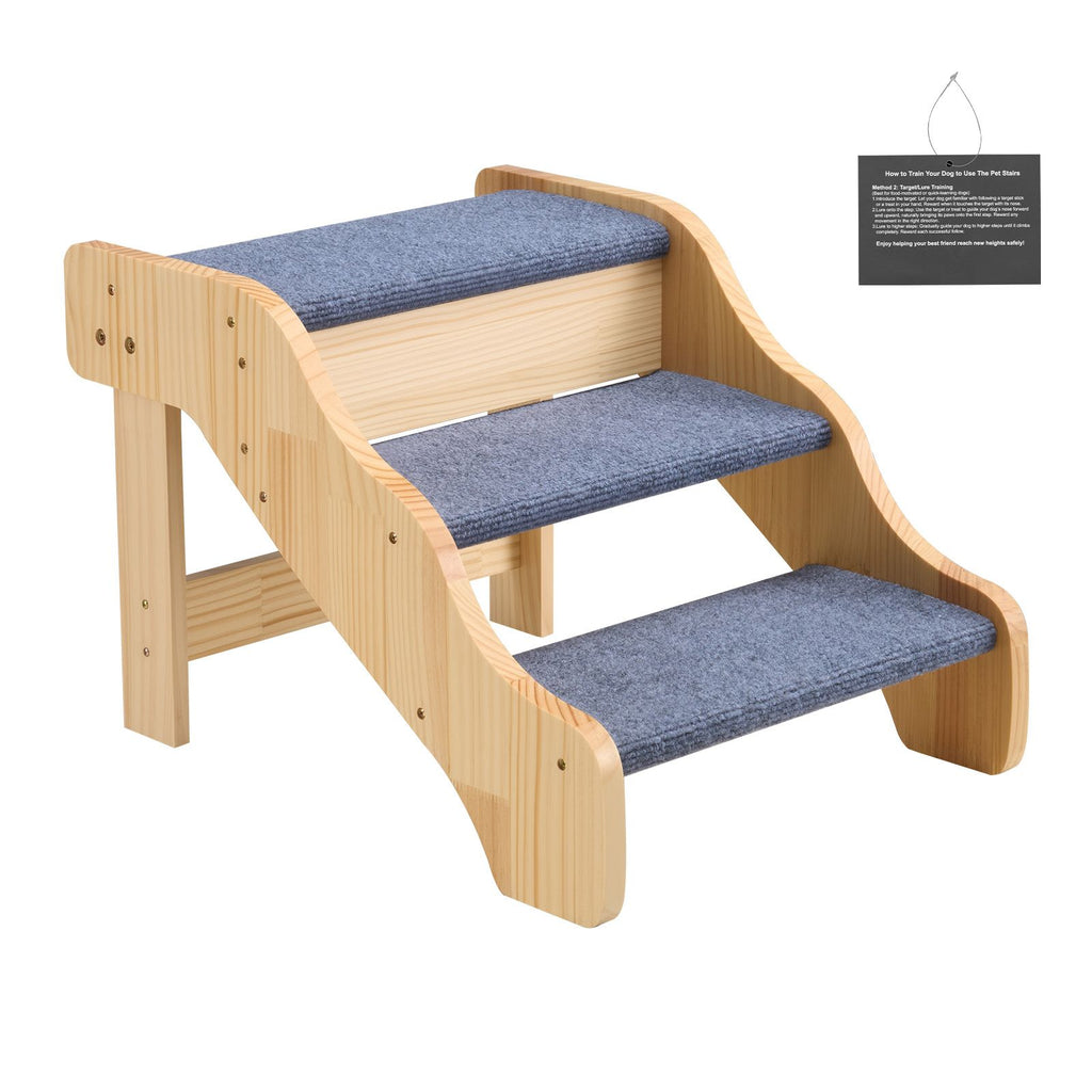 Wood Pet Stairs, 3-Step Dog Stairs for High Beds, Sofa & Cars, 150lbs Load Capacity, Non-Slip Surface, Stable Cat & Dog Step Ladder for Small Medium Large Older Pet Puppy Essentials
