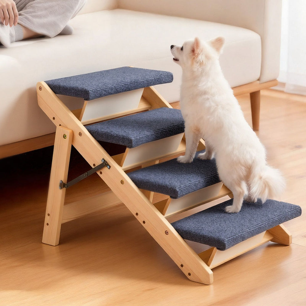 Wood Pet Stairs, 4-Step Dog Stairs for Beds, Sofa & Cars, 150lbs Load Capacity, Floded Flat Design, Stable & Sturdy Cat & Dog Step Ladder for Small Medium Large Older Pet Puppy Essentials