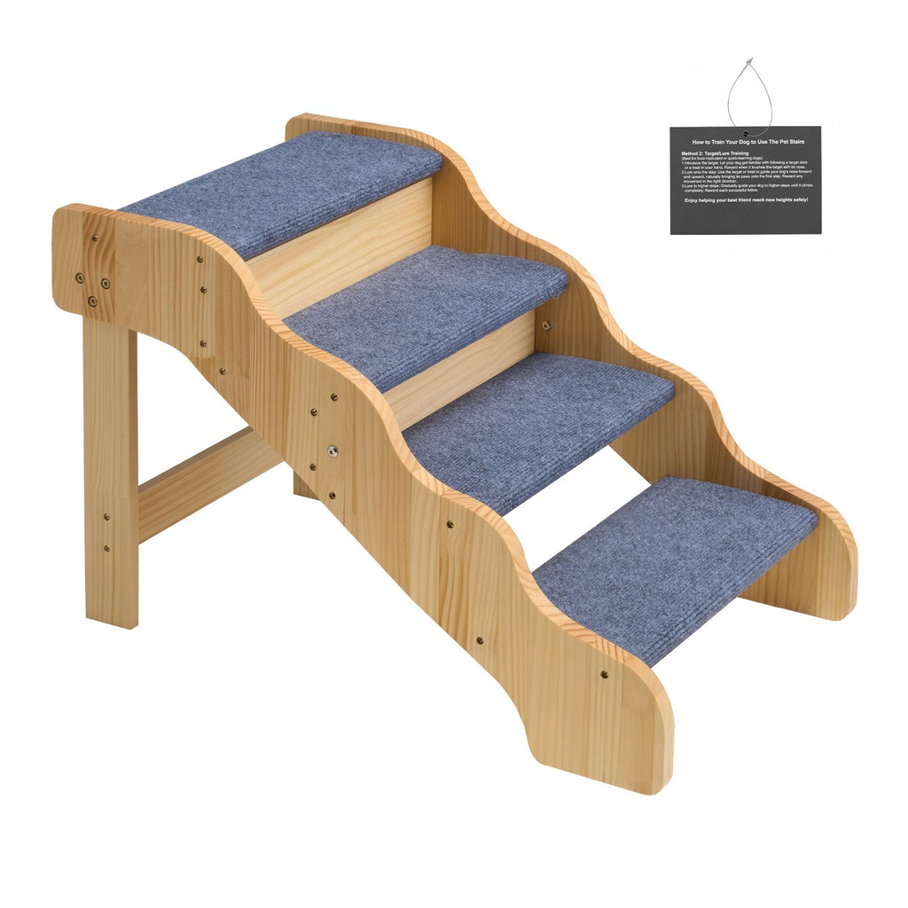 Wood Pet Stairs, 4-Step Dog Stairs for High Beds, Sofa & Cars, 150lbs Load Capacity, Non-Slip Surface, Stable Cat & Dog Step Ladder for Small Medium Large Older Pet Puppy Essentials