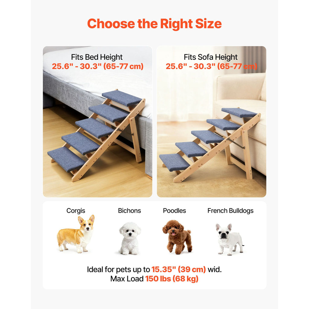 Wood Pet Stairs, 5-Step Dog Stairs for Beds, Sofa & Cars, 150lbs Load Capacity, Floded Flat Design, Stable & Sturdy Cat & Dog Step Ladder for Small Medium Large Older Pet Puppy Essentials