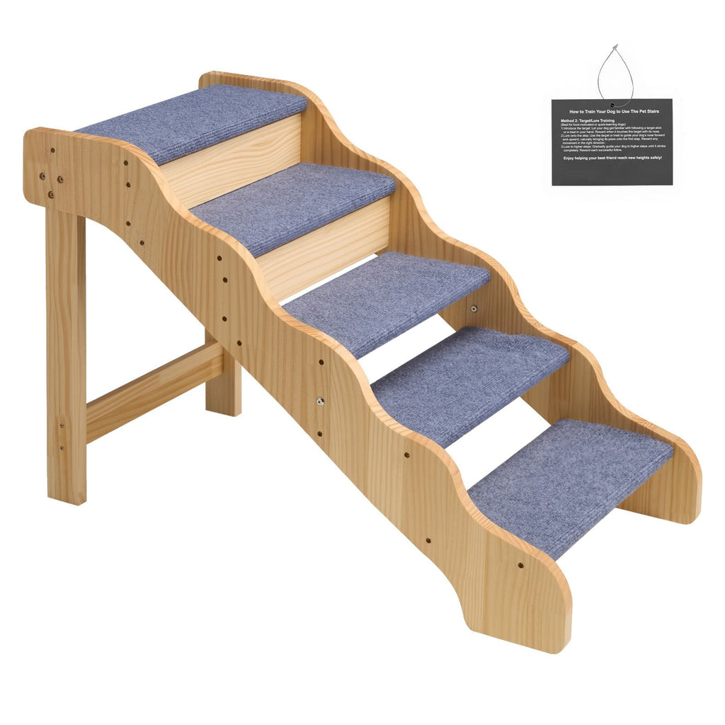 Wood Pet Stairs, 5-Step Dog Stairs for High Beds, Sofa & Cars, 150lbs Load Capacity, Non-Slip Surface, Stable Cat & Dog Step Ladder for Small Medium Large Older Pet Puppy Essentials
