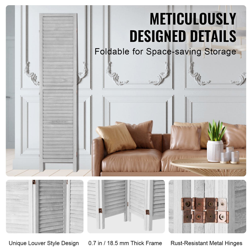 Wood Room Divider, 4 Panel Folding Privacy Screen, 66.9 Inches Tall Indoor Wooden Partition, Portable Decoration Screen, for Room Separation, Home, Office, Restaurant & Bedroom (Light Grey)