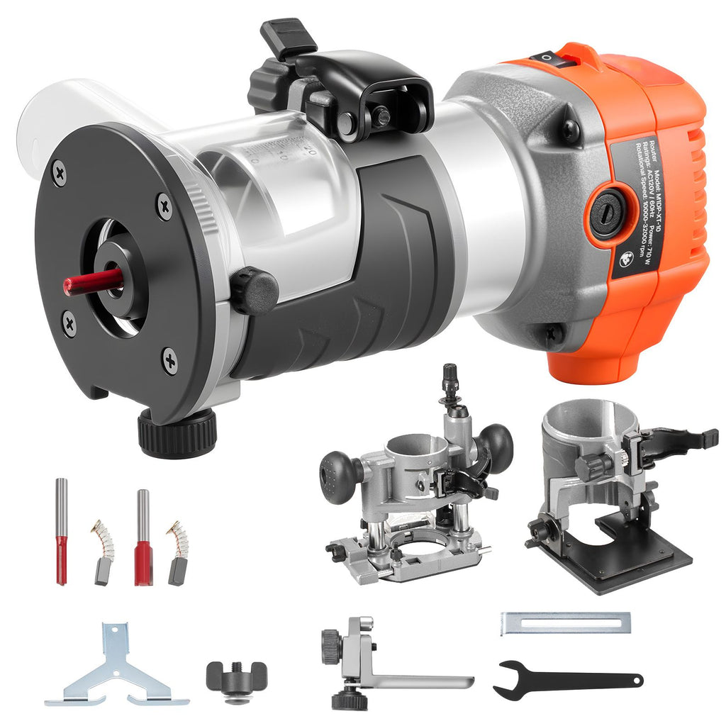 Wood Router, 1 HP 710W, Variable Speed Palm Router Tool with 1/4 in Collet, Compact Edge Wood Trimmer with Fixed, Plunge & Tilt Base, Soft Start, for Woodworking, Trimming, DIY Projects, Corded
