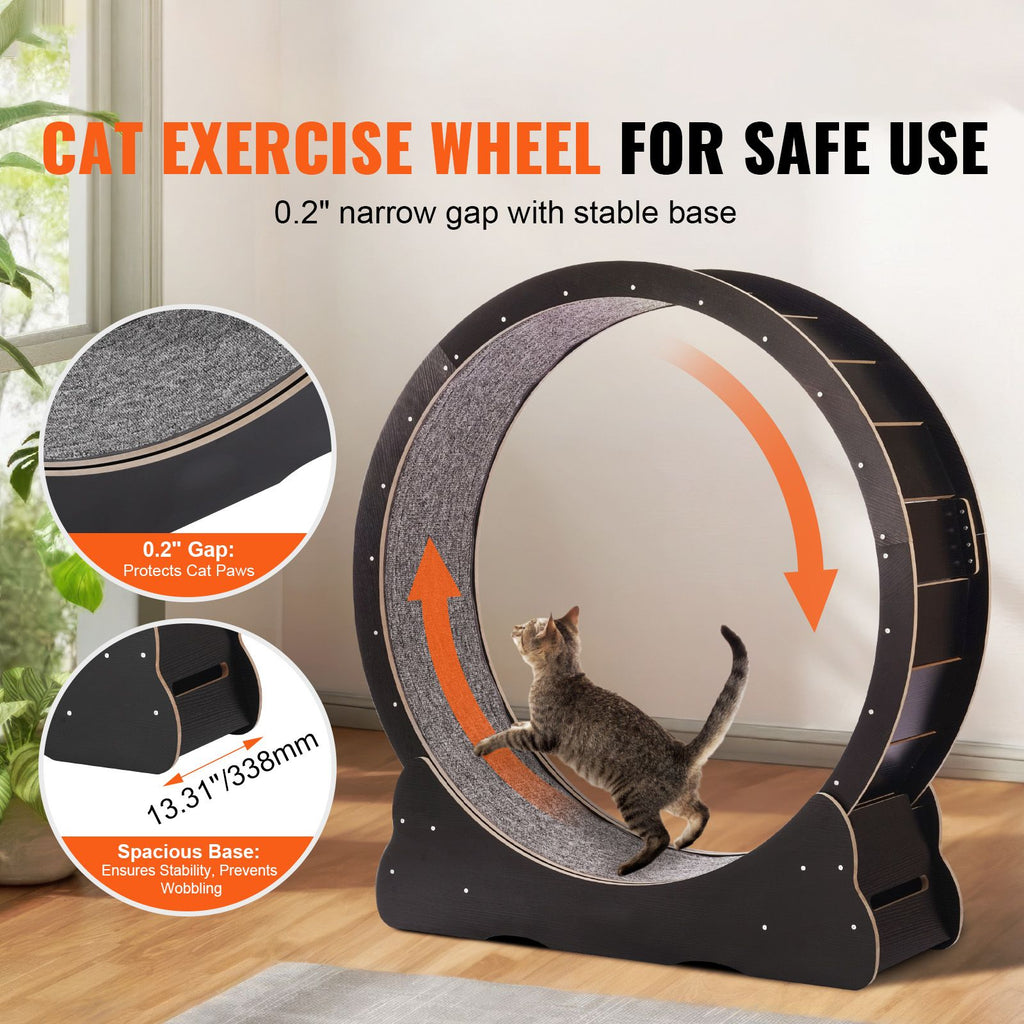 Wooden Cat Exercise Wheel, 43.3" Large Cat Treadmill Wheel for Indoor Cats, Cat Running Wheel with Detachable Carpet & Cat Teaser for Running/Walking/Training, Suitable for Most Cats Black