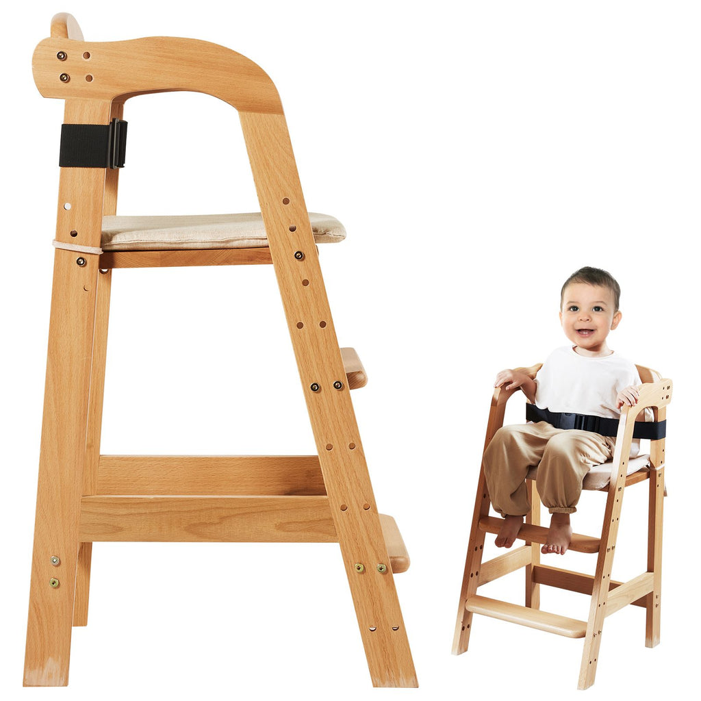 Wooden High Chair for Babies & Toddlers, Convertible Adjustable Feeding Chair, Eat & Grow High Chair with Seat Cushion, Portable Baby Dining Booster Seat, Beech Wood Toddler Chair, Natural