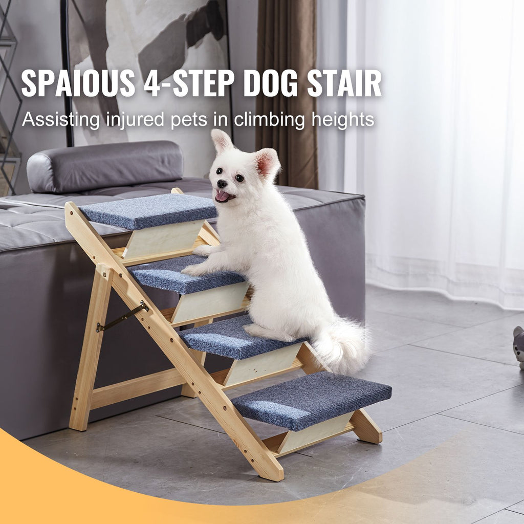 Wooden Pet Steps and Ramp Combo, 2-in-1 Design, Foldable Access for Beds, Sofas, and Vehicles, 4-Step Structure for Pets of Small to Large Size, Supports up to 150 lbs
