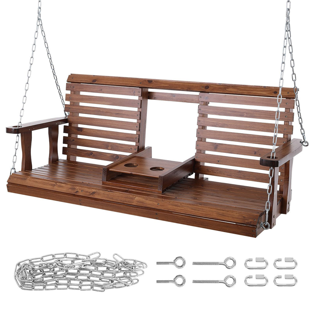 Wooden Porch Swing 5 ft, Patio bench swing for Courtyard & Garden, Upgraded 880 lbs Strong Load Capacity, Heavy Duty Swing Chair Bench with Hanging Chains for Outdoors, Brown