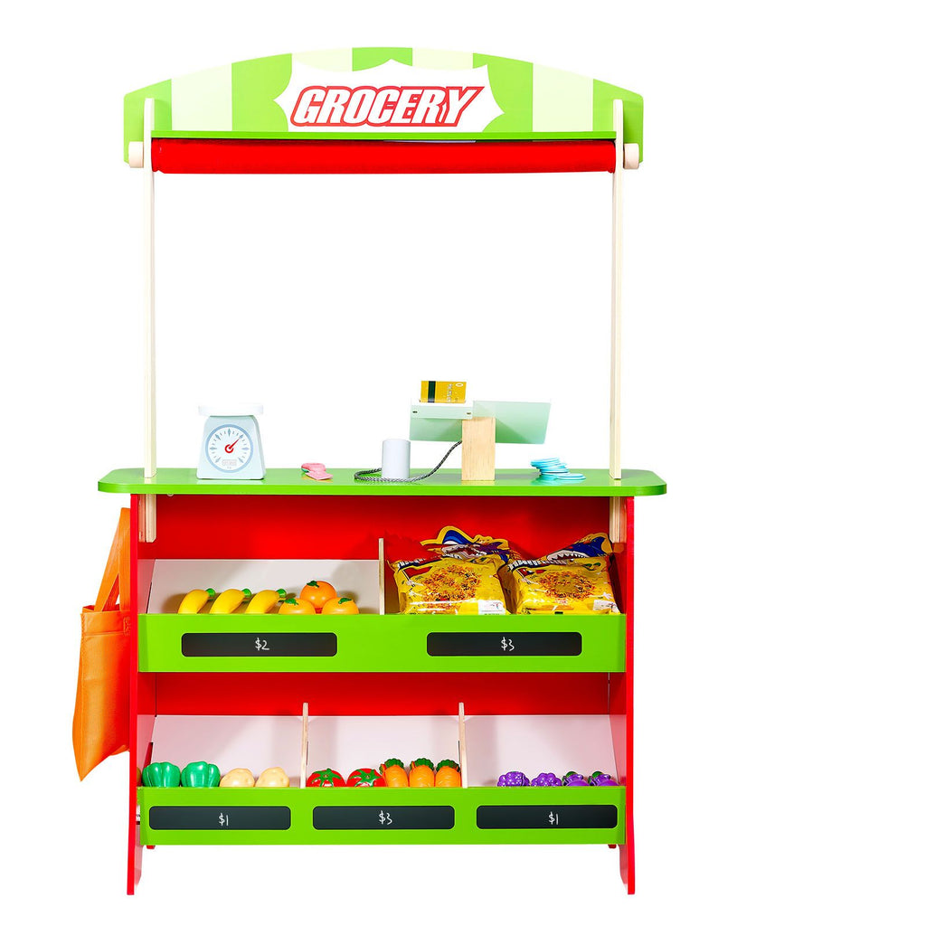 Wooden Puppet Theater with Curtains, 2-in-1 Reversible Play Store, Double-Sided Grocery Store Playset with Chalkboard & Cash Register, Kids Pretend Play Market Stand, Gift for Boys & Girls