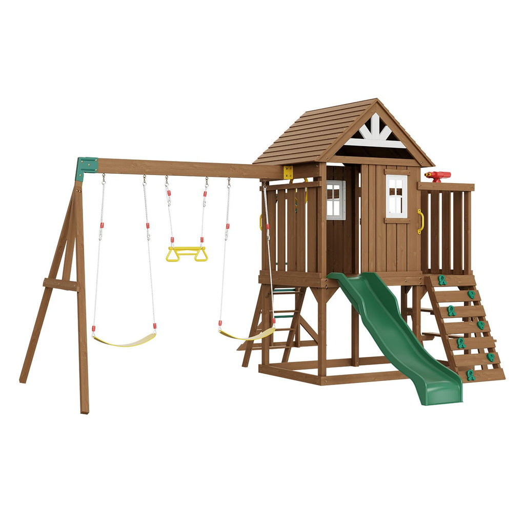 Wooden Swing Set, 10 IN 1 Playground Sets for Backyards, 2 Swings, Trapeze Bar, 6FT Slide, Large Upper Fort with Kitchen Toys, Flat Step Ladder, Rock Wall, Picnic Table, Sandbox, Scaling Ladder