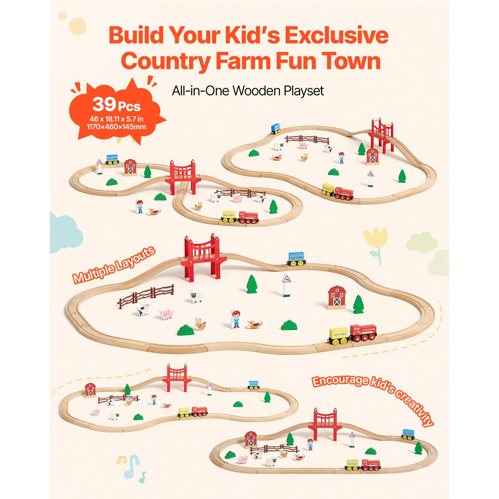 Wooden Train Set, 39PCS, Wood Train Track with Magnetic Trains and Railway Accessories, Compatible with Major Brands, Small Town, Christmas Birthday Toy for Kids Toddlers Ages 3-8 Boys and Girls image 2