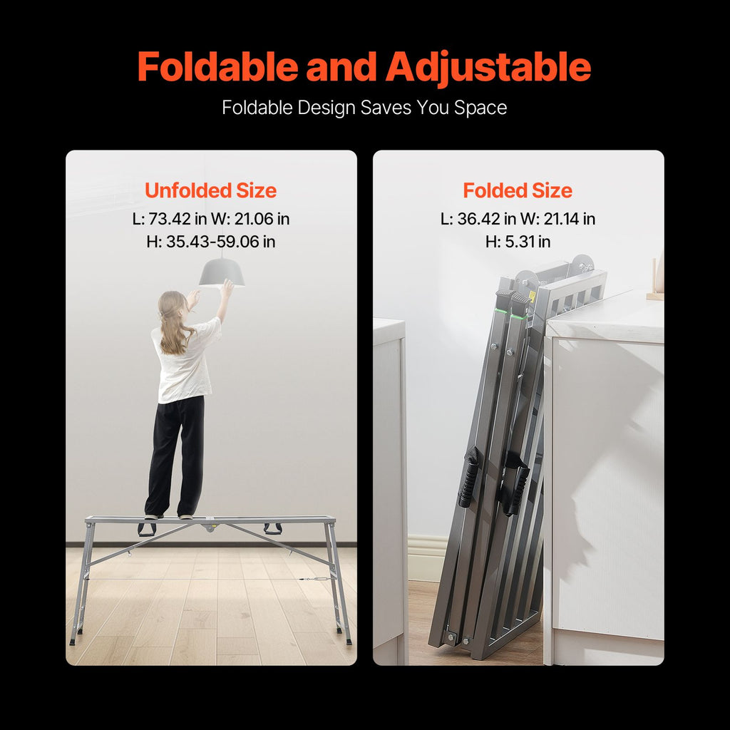 Work Platform, 4 Gear Adjustable Height, Folding Alloy Steel Step Ladder, Portable Scaffolding Platform, 880 lb Load Capacity, Non-Slip Rubber Feet, Drywall Painting Stool, Cleaning & Washing image 2