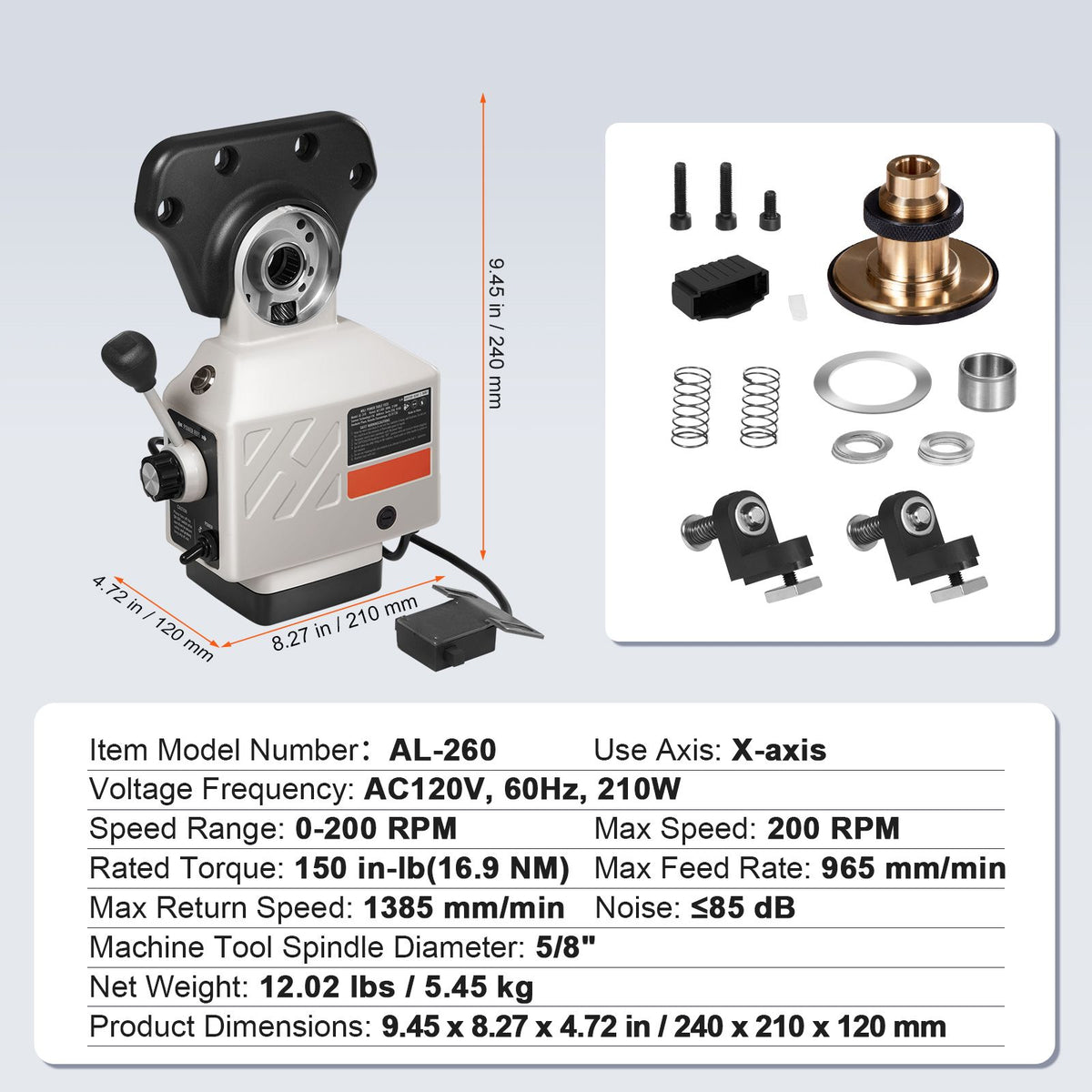 X-Axis Power Feed for Milling Machine, 150 in-lb Torque, 0-200RPM A ...