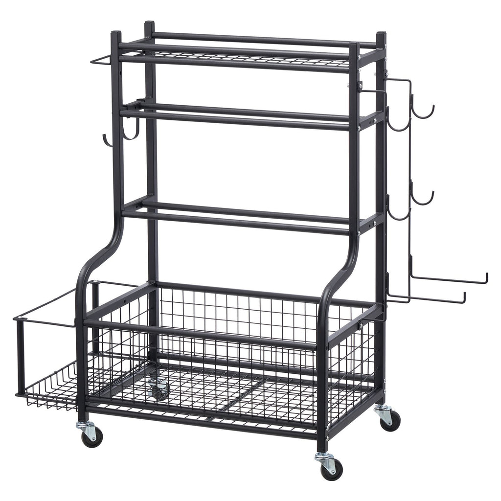 Yoga Mat Storage Rack, Powder Coated Finish Steel Yoga Mat Holder, Home Gym Workout Equipment Organizer with Hooks & Wheels, Weight Rack for Foam Roller, Dumbbell, Kettlebell, and Yoga Strap