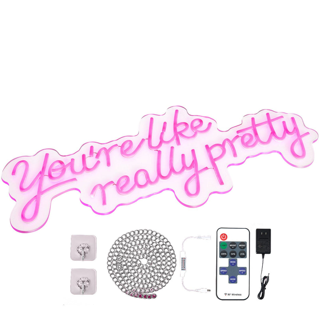 You're Like Really Pretty Neon Sign, 27.5" x 12" Pink LED Neon Signs for Wall Decor, Large Lights Sign with Remote Control and Power Adapter, Used for Party, Wedding, Living Room, Office